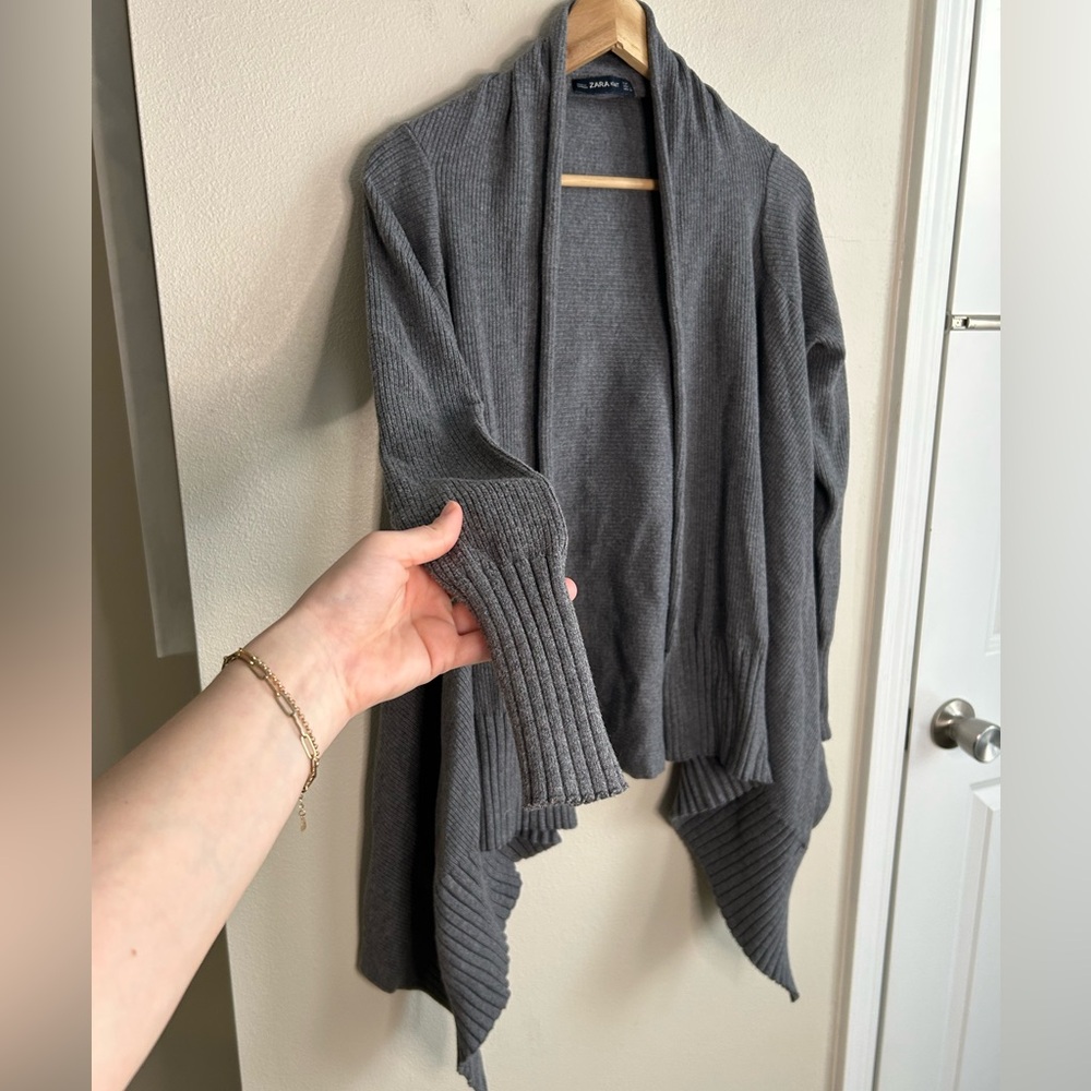ZARA Knit Grey Draped Open Front Cardigan Sweater  Size L Large - Picture 4 of 6